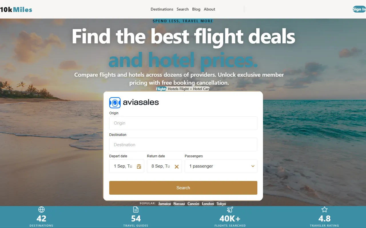 10k Miles travel booking platform homepage