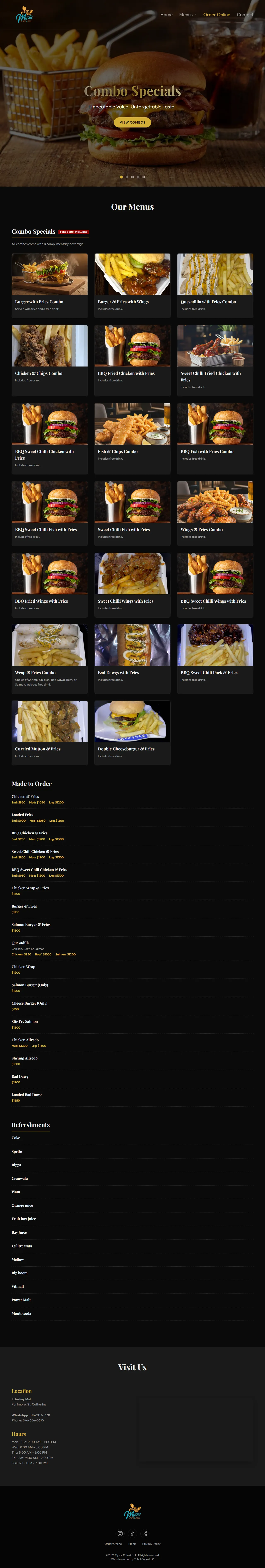 Mystic Cafe and Grill hospitality website with menus