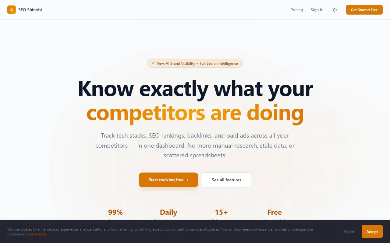 SEO Shinobi competitor SEO tracking and tech stack dashboard